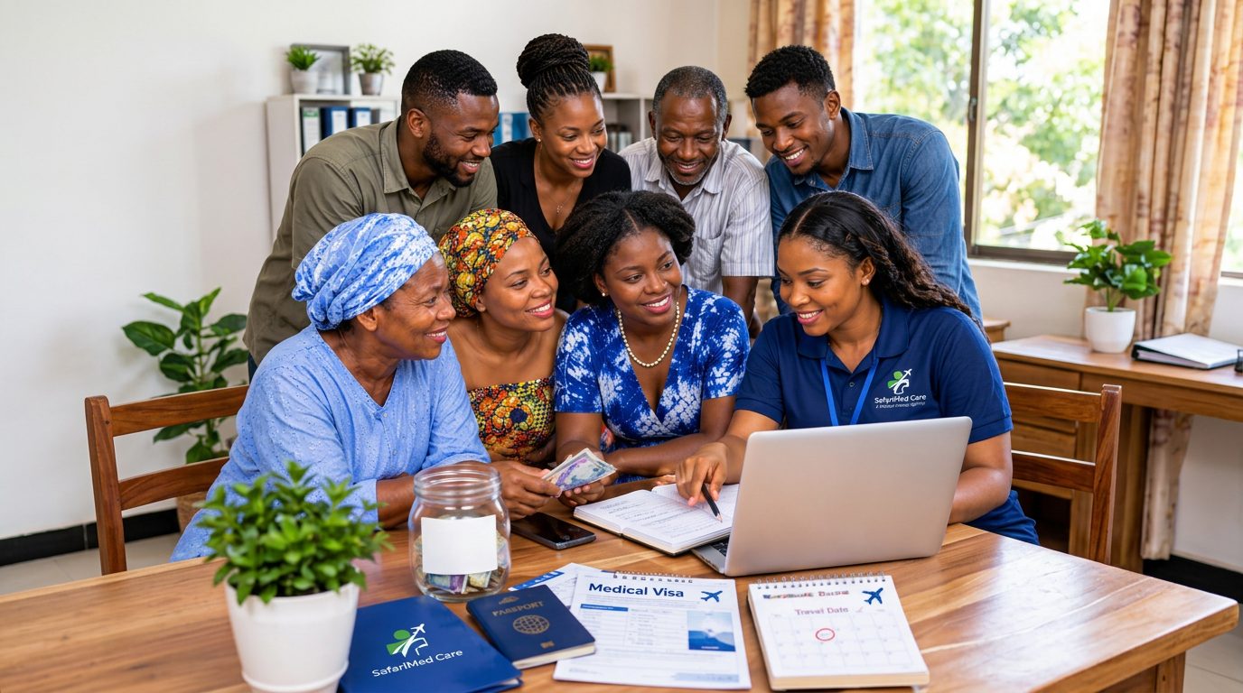 A SafariMed Care coordinator planning a medical journey with a group of Tanzanian patients around a table